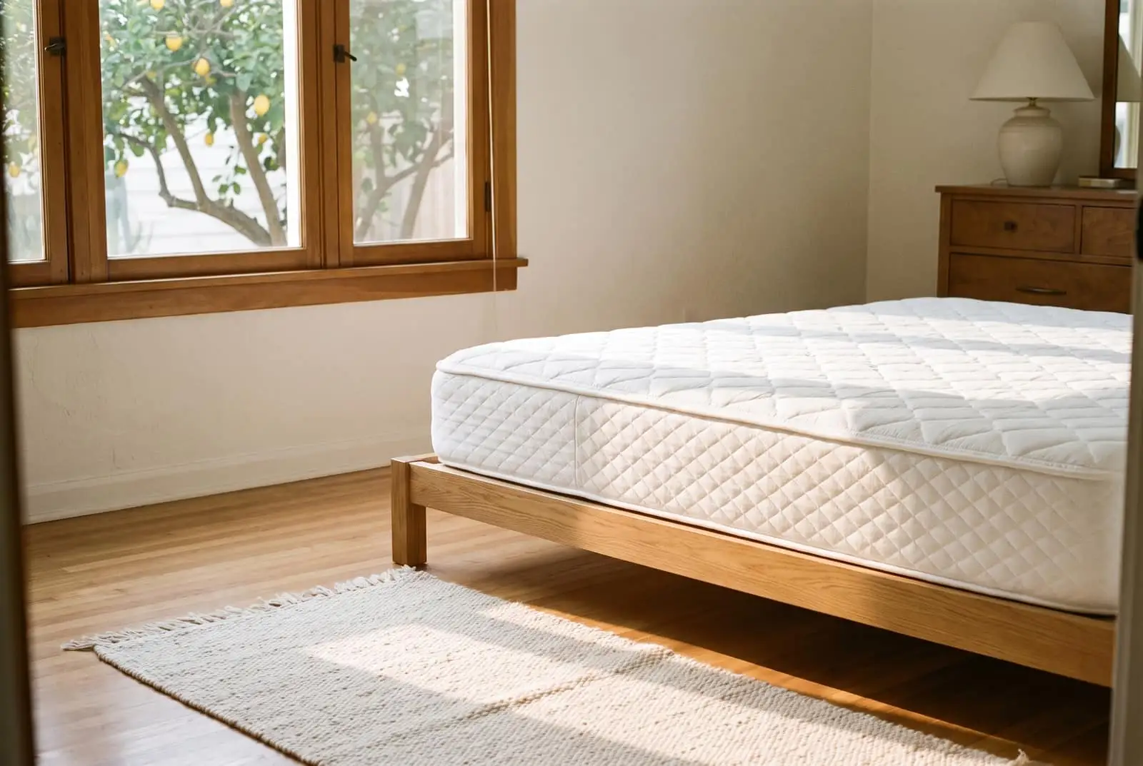 Illustration: a made bed in a bungalow bedroom with soft window light.
