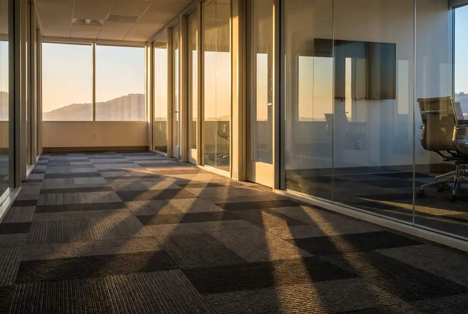 Illustration: an open office with a carpeted floor, desks and daylight from tall windows.
