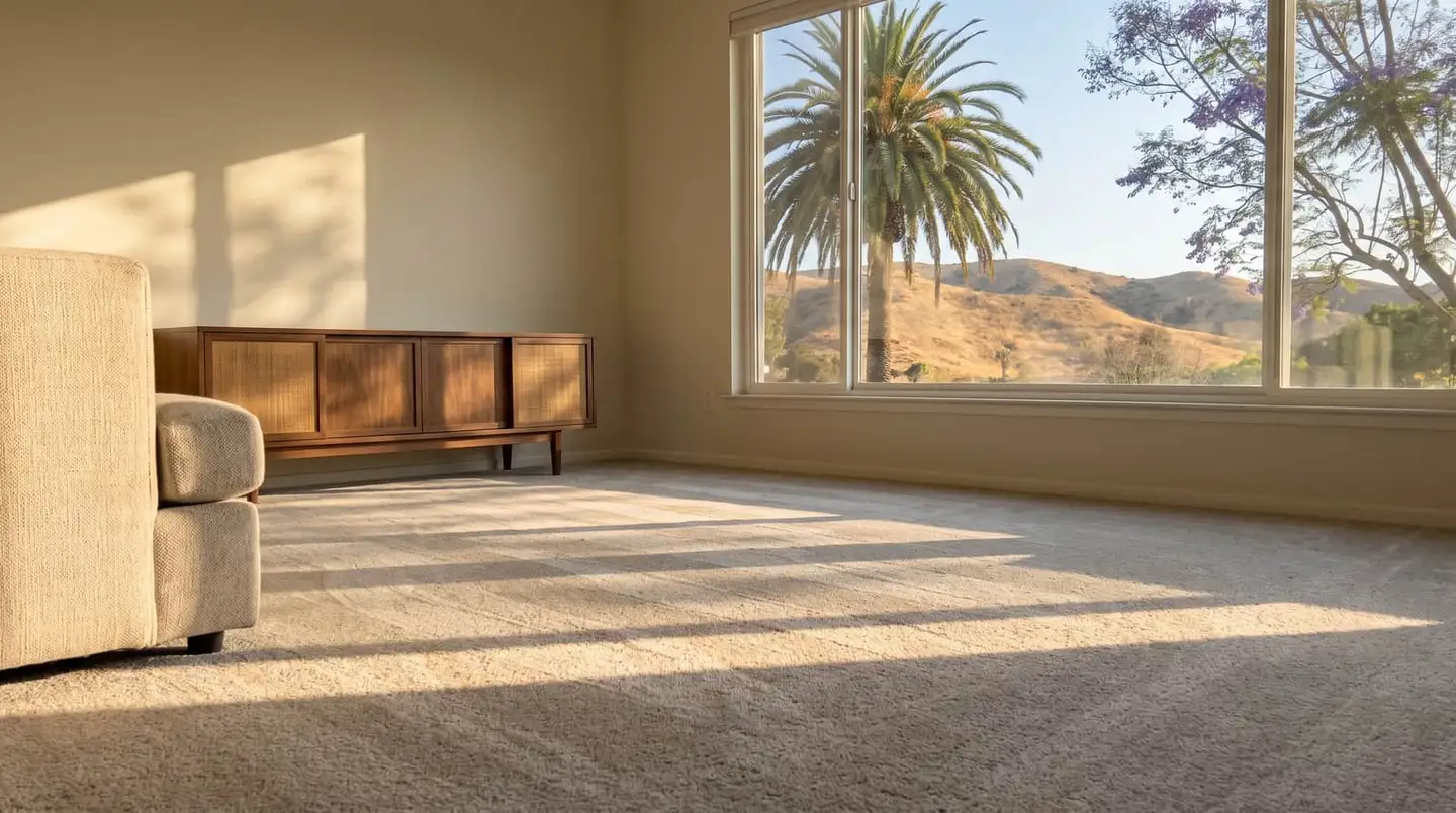 Illustration: a ranch-style living room with cream carpet and a sideboard.
