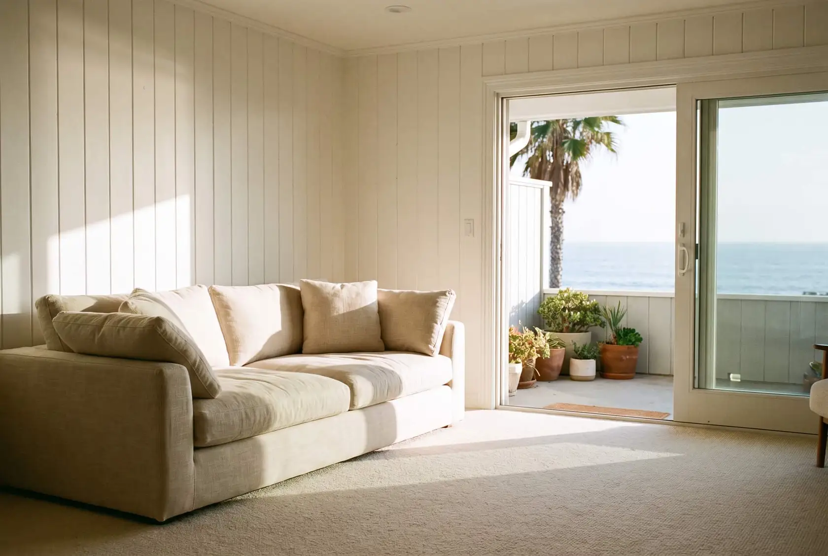 Illustration: a linen sofa in a bright beach house living room.