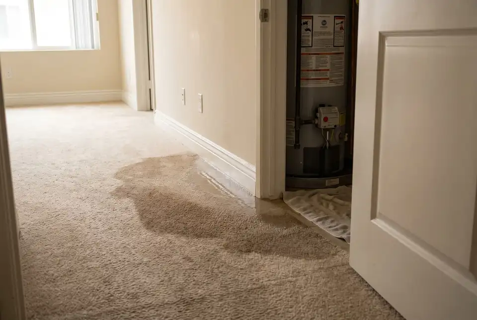 Illustration: a hallway floor with water spreading in window light.