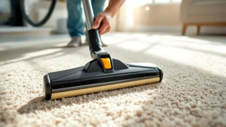 Professional carpet cleaning with powered brush attachment on light-colored residential carpet.