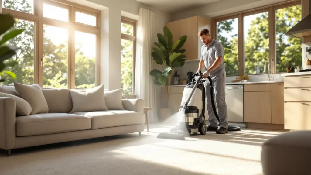 Professional cleaning service using commercial equipment on residential carpet flooring.