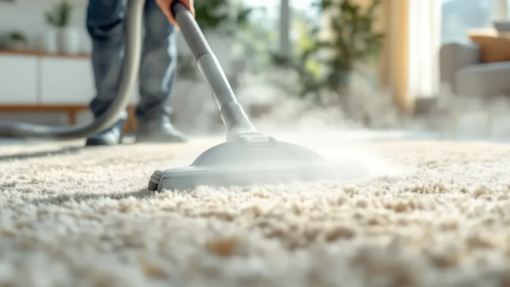 Professional carpet cleaning service using steam extraction equipment on light-colored carpet.