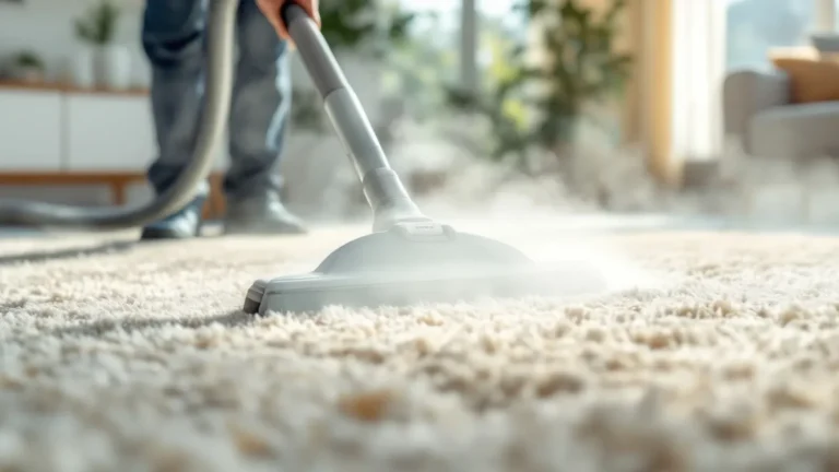 Professional carpet cleaning service using steam extraction equipment on light-colored carpet.