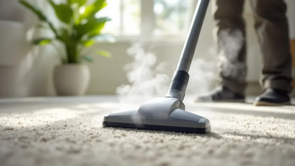 Professional carpet cleaning with steam cleaner on residential carpet