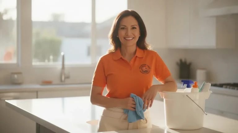 Smiling cleaning service professional in orange uniform holding microfiber cloth in bright kitchen.