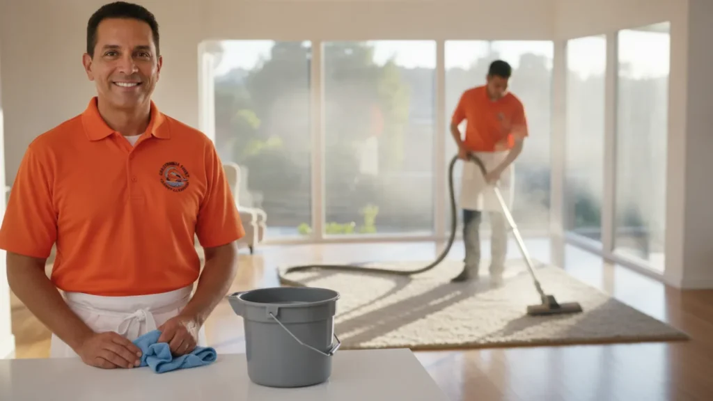 Professional cleaning service team demonstrates carpet and window cleaning expertise.