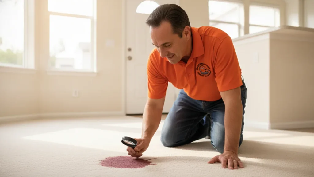 Professional inspector examines carpet stain with magnifying glass in home interior.