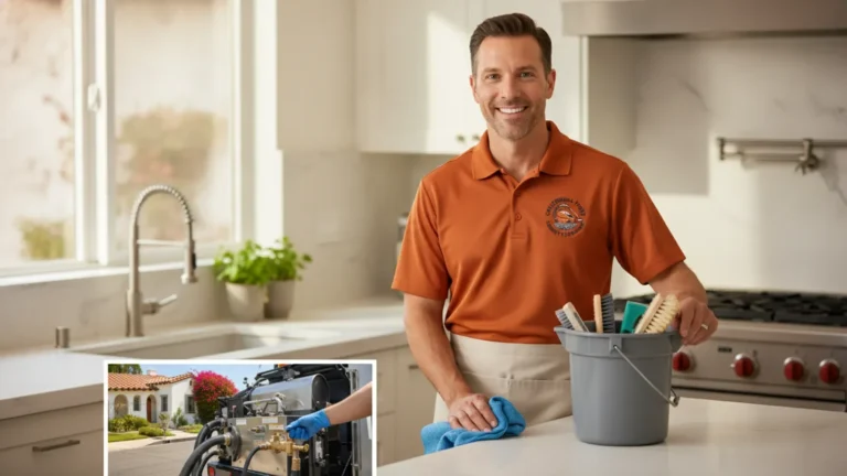 Professional cleaning service employee smiling in modern kitchen with cleaning supplies.