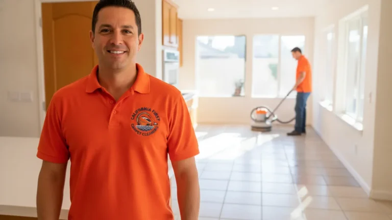 Professional floor cleaning service technician in branded uniform working in residential home.