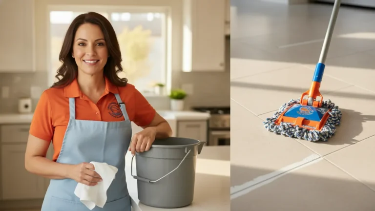 Professional cleaner in uniform holding supplies while mopping kitchen floor.