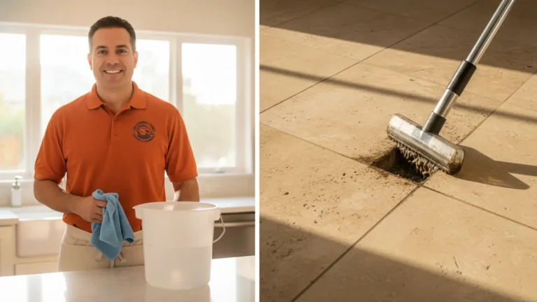Professional cleaner in orange uniform demonstrates floor cleaning with specialized brush tool.