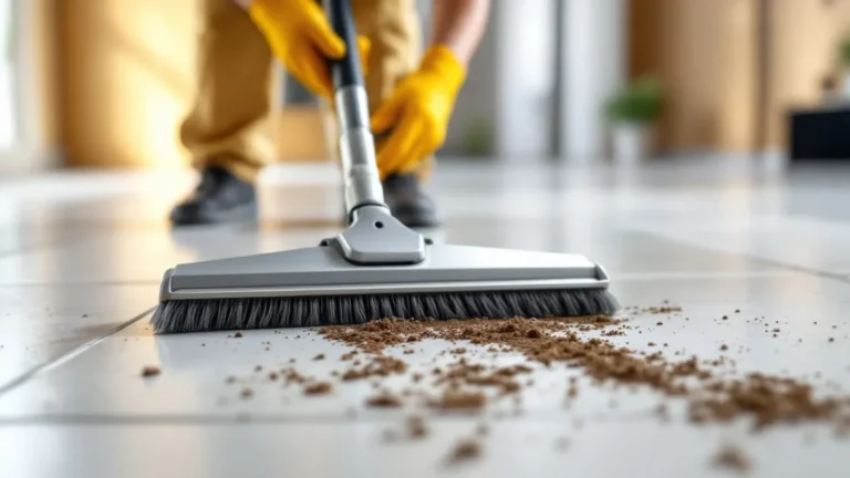 Worker sweeping dirt and debris from floor using push broom with yellow gloves